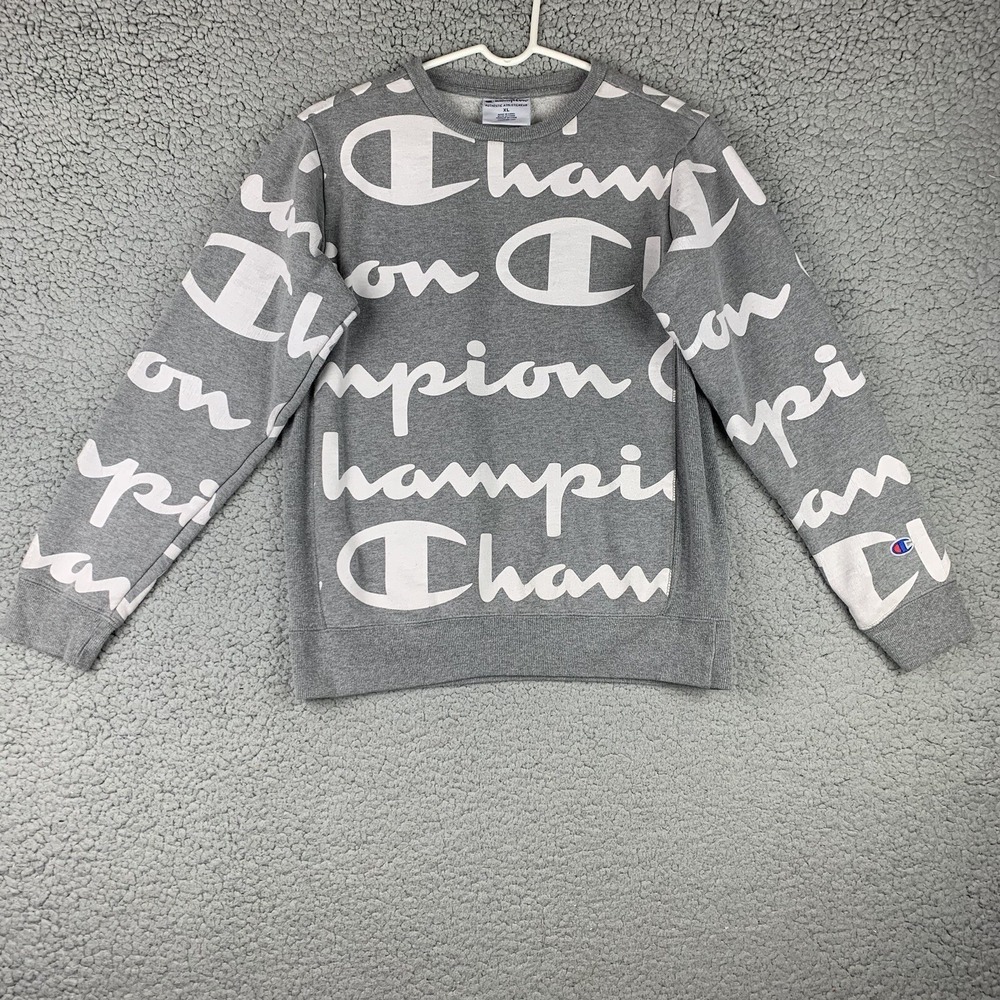 VTG Champion All Over Print Sweatshirt Youth XL 41"‎ Chest Pullover Sweater Gray